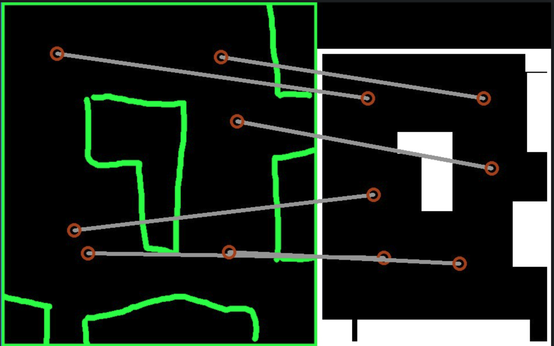 Key places of a sketch map, on the left, are linked to the equivalent places in the model map, on the right.